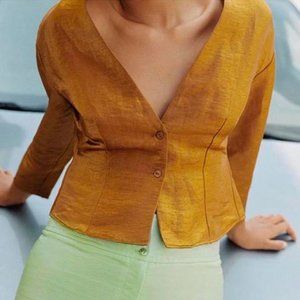 NWT Paloma Wool Caesars Linen Blend Gold Button Front Blouse 38 / M /  US 6